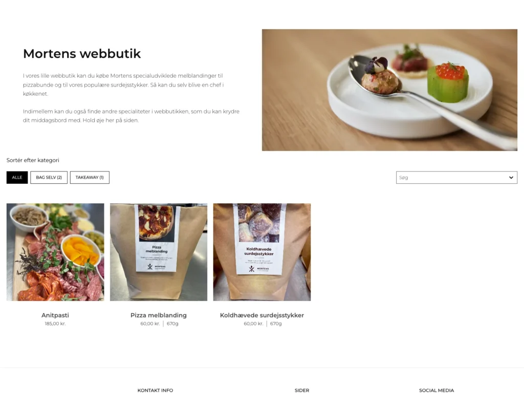 The online store on mortensgastronomi.dk with category filters and products such as flour mix and cold-proofed sourdough rolls
