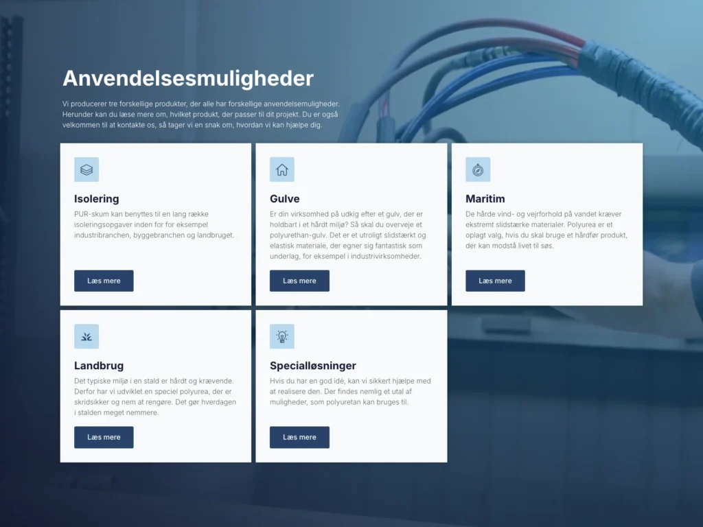 The "Applications" section on nestaan.dk with cards for insulation, floors, maritime, agriculture, and special solutions