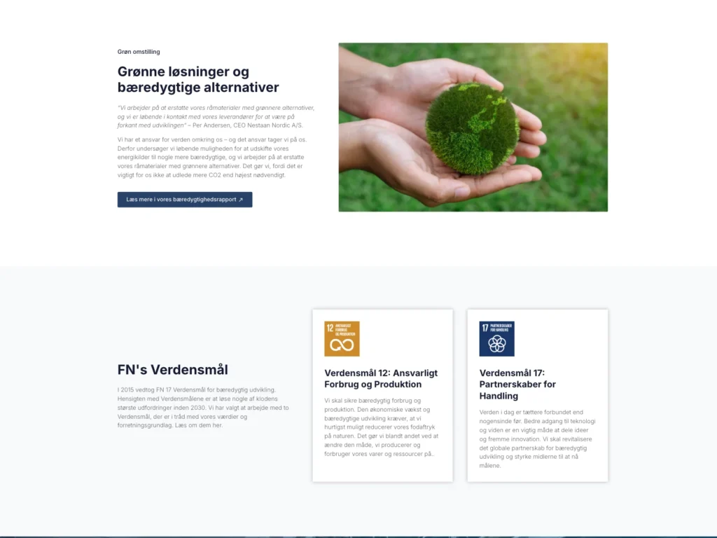 The responsibility page on nestaan.dk with sections about green solutions and the UN Sustainable Development Goals 12 and 17