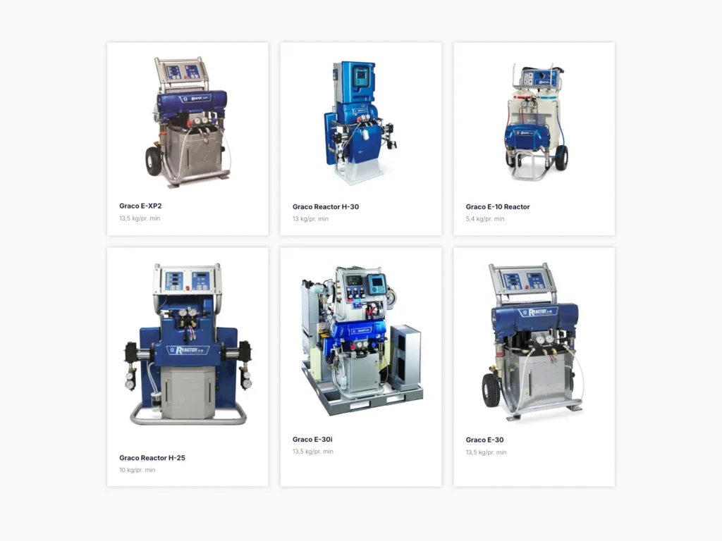Overview of Graco metering machines on nestaan.dk with model names and capacity in kg per minute