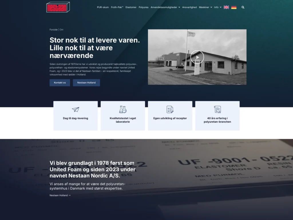 The "About Nestaan" page with a video of the company building, four benefits, and the story from United Foam to Nestaan Nordic