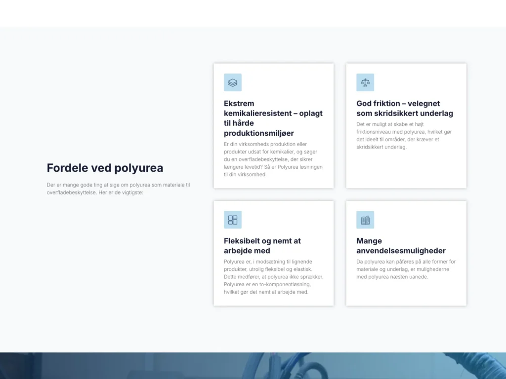 The "Benefits of polyurea" section on nestaan.dk with four cards about chemical resistance, friction, flexibility, and application