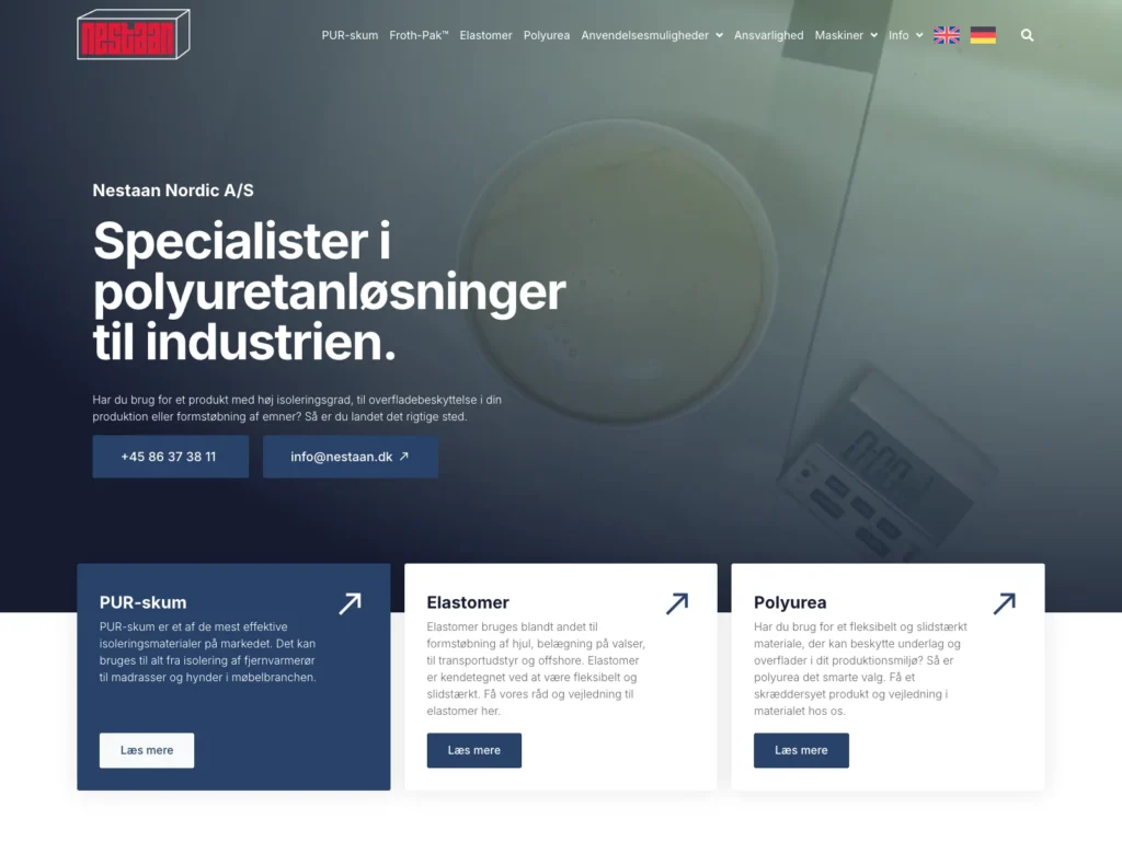 The homepage of nestaan.dk with the headline "Specialists in polyurethane solutions for industry" and cards for PUR foam, elastomer, and polyurea