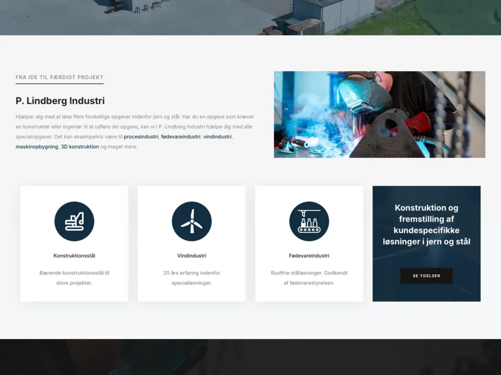 The introduction to P. Lindberg Industri on pl-i.dk with a welding photo and icon cards for structural steel, wind energy industry, and food industry
