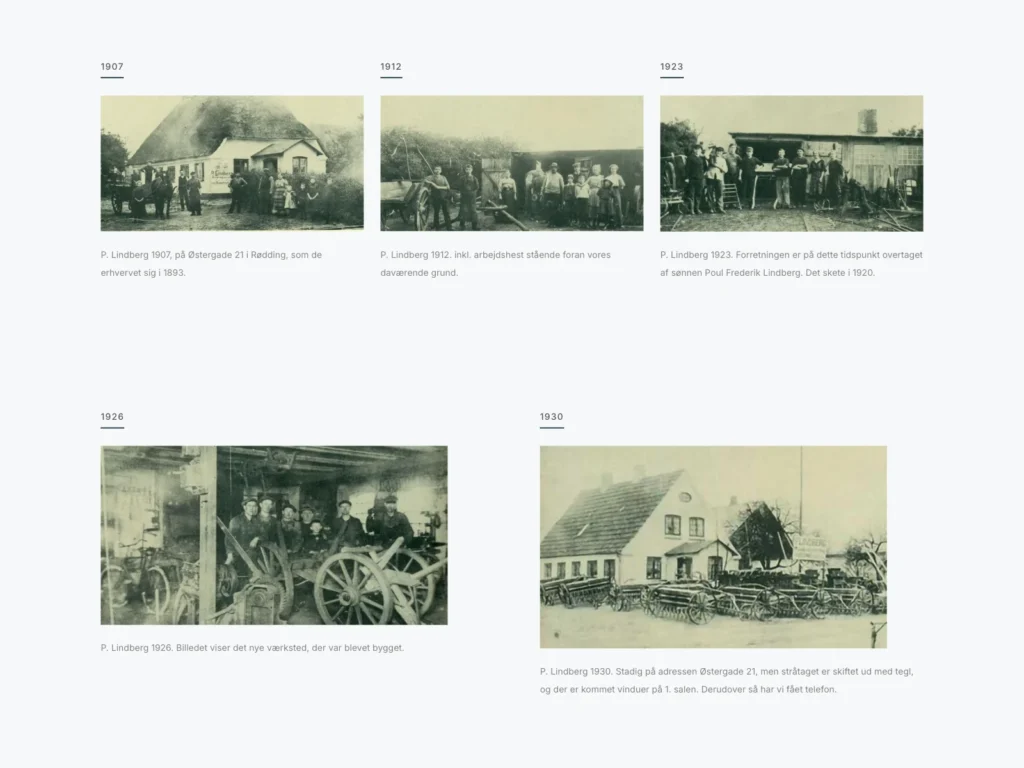 The history page on pl-i.dk with a timeline of old black-and-white photos of the smithy in Rødding from 1907 to 1930