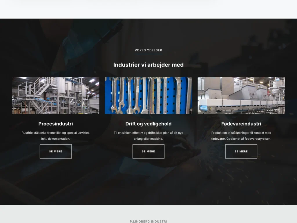 The “Industries we work with” section on pl-i.dk with cards for process industry, operations and maintenance, and food industry