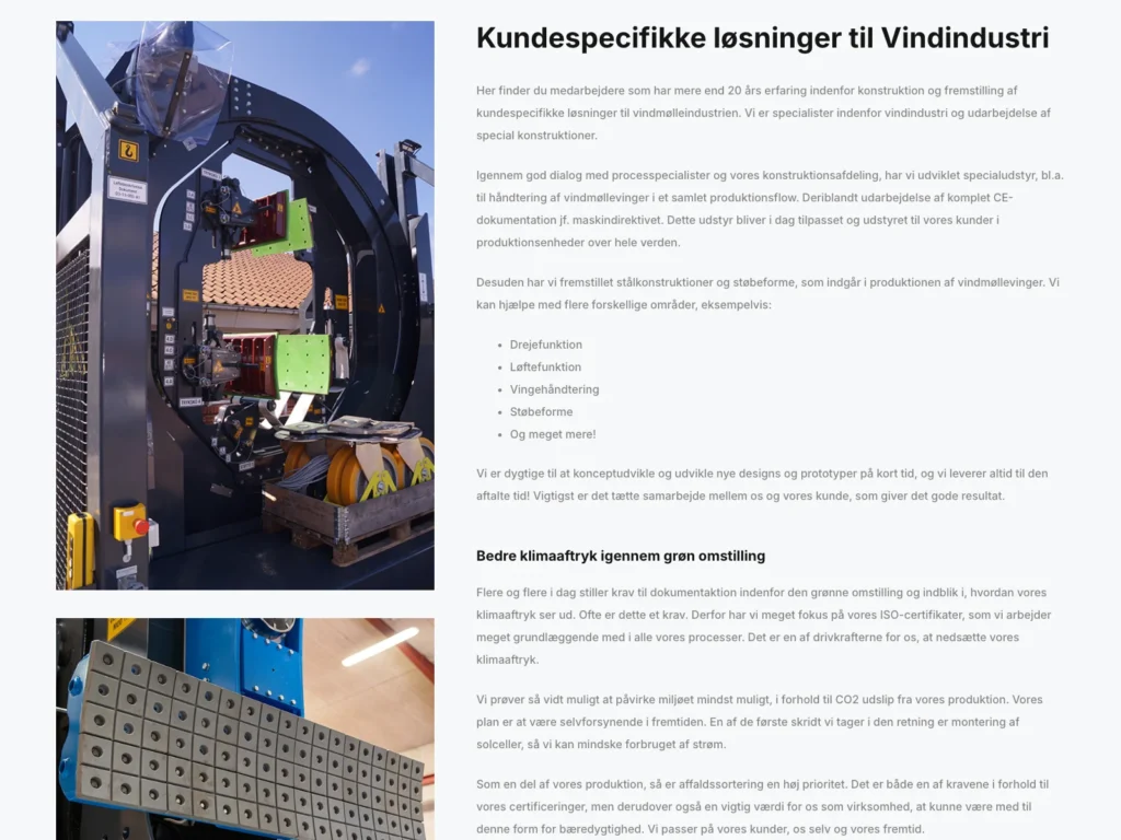 The subpage about customer-specific solutions for the wind energy industry on pl-i.dk with photos of special equipment for blade handling