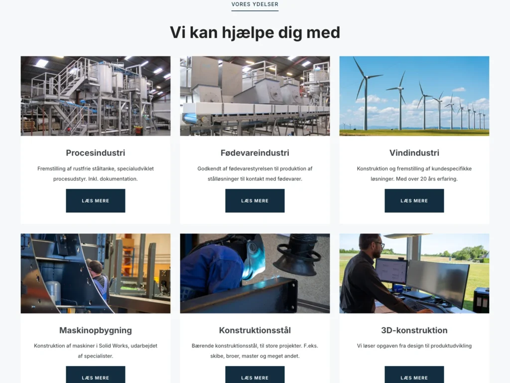 The service overview “We can help you with” on pl-i.dk with six image cards from process industry to 3D design