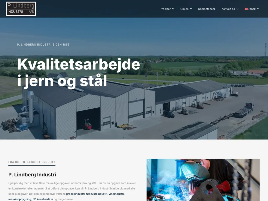 The homepage of pl-i.dk with a drone photo of P. Lindberg Industri’s production halls and the headline “Quality work in iron and steel”