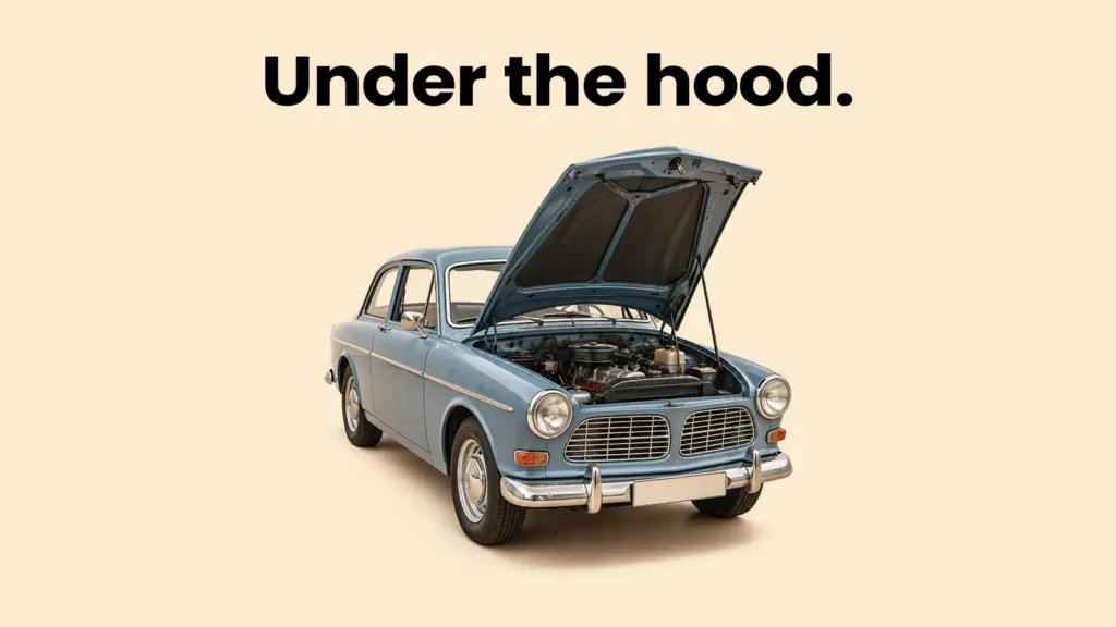 Klassisk bil med åben motorhjelm og teksten “Under the Hood.