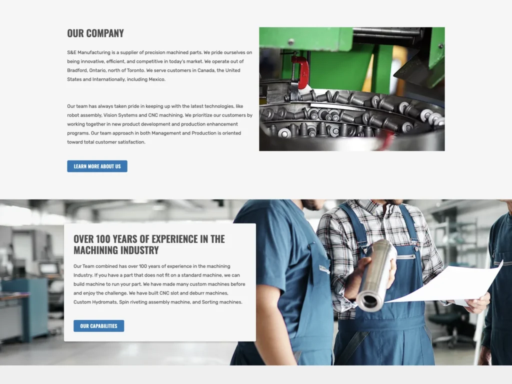 The sections "Our company" and "Over 100 years of experience" on semfg.ca with photos from production