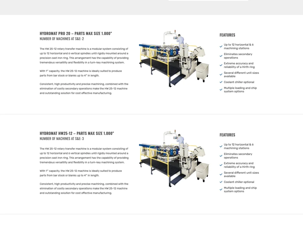 The production capacity page on semfg.ca with Hydromat machines, number of machines, and features