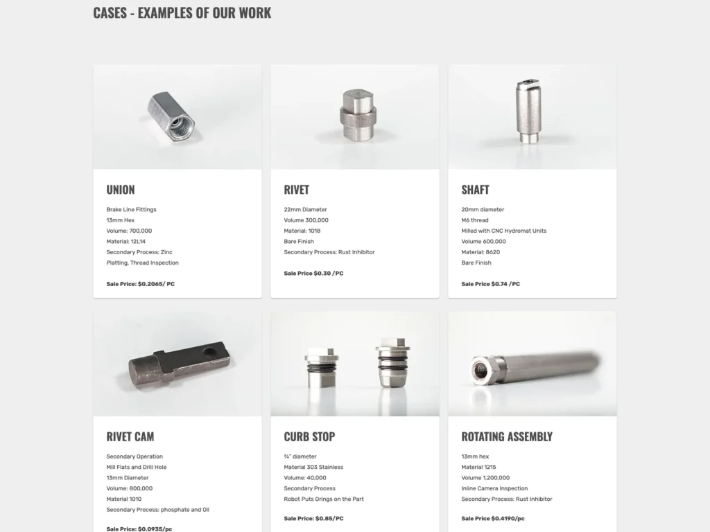 The page "Cases – examples of our work" on semfg.ca with product photos of turned metal parts and technical specifications