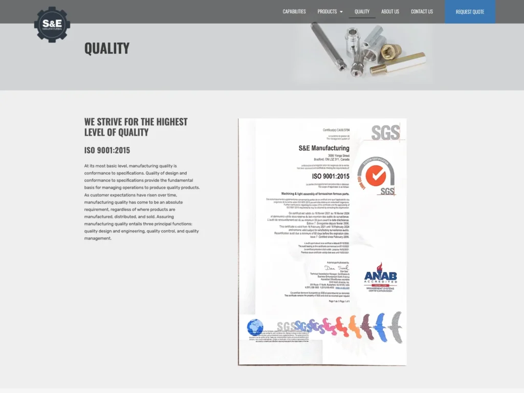 The quality page on semfg.ca with text about quality management and the company’s ISO 9001:2015 certificate