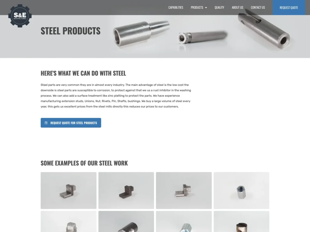 The Steel Products product page on semfg.ca with a description and a gallery with examples of steel parts