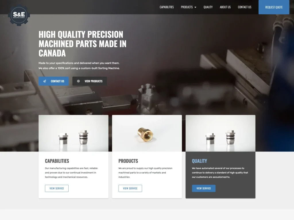 The homepage of semfg.ca with the headline "High quality precision machined parts made in Canada" and cards for capabilities, products, and quality