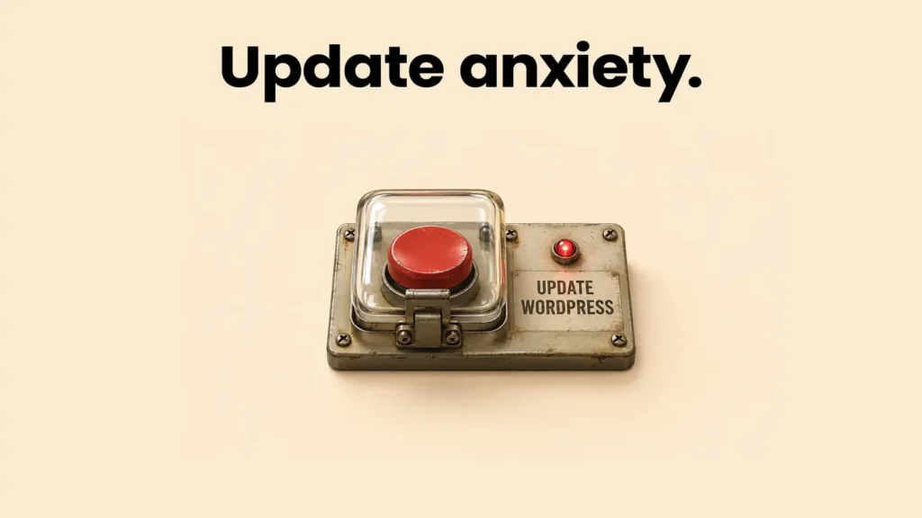 Rød WordPress-opdateringsknap under glas med teksten “Update anxiety.”